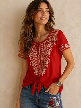 Johnny Was Rita Embroidered Tie Front Top Red Cotton Small